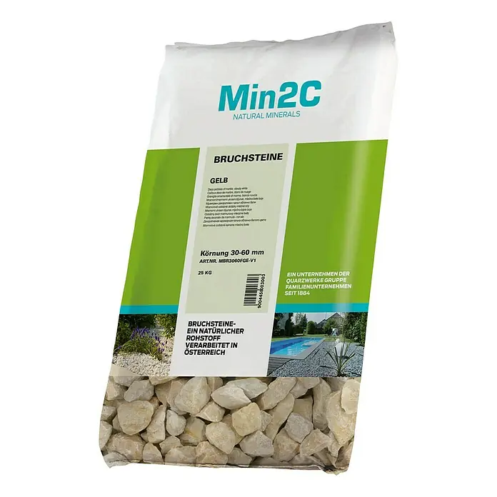 Min2C Ukrasno lomljeno kamenje - Žute boje, Granulacija: 30 mm - 60 mm, 25 kg - Pogled sprijeda
