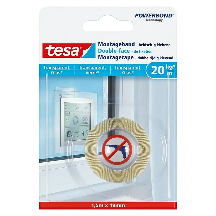 Tesa Montageband - Geeignet für: Glas, Belastbarkeit: 20 kg/m, 1,5 m x 19 mm - Vorderansicht