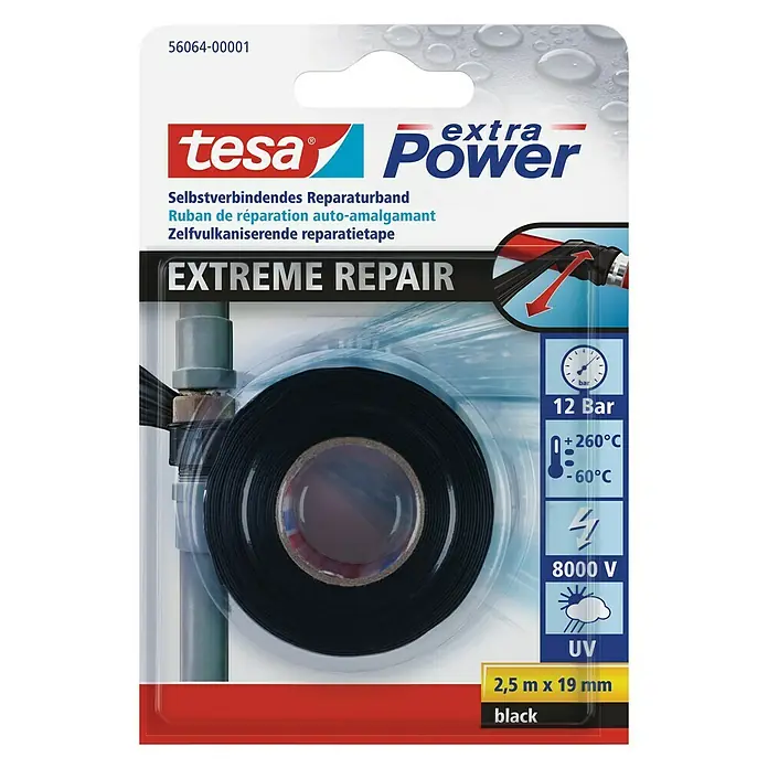 Tesa Extra Power Reparaturband Extreme Repair - 2,5 m x 19 mm, Schwarz, Selbstverschweißend - Vorderansicht