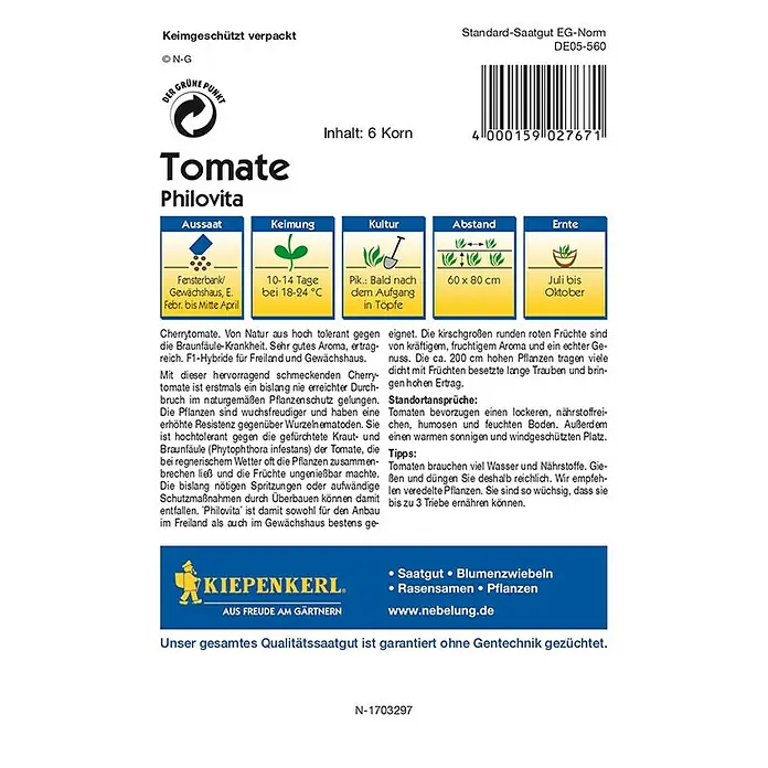 Kiepenkerl Profi-Line Gemüsesamen Tomate Philovita - Lycopersicon esculentum, Erntezeit: Juli - Rückansicht