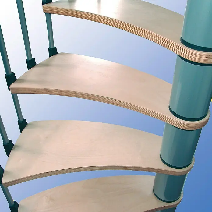 Minka Systemspindeltreppe Wave Plus - Durchmesser: 140 cm, Silber, Farbe Stufen: Birke Natur, Geschosshöhe: 280 cm - Detailaufnahme