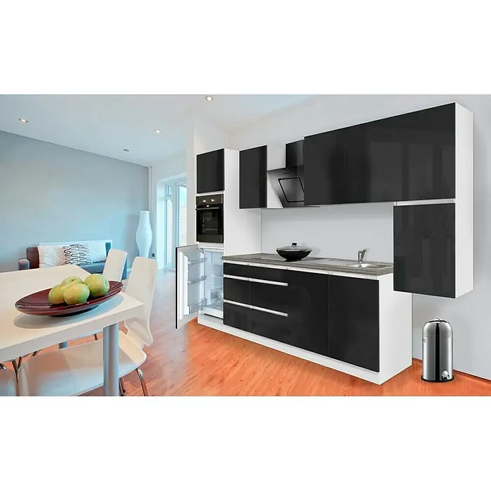 Respekta Premium Küchenzeile GLRP320HWS - Breite: 320 cm, Mit Elektrogeräten, Schwarz Hochglanz