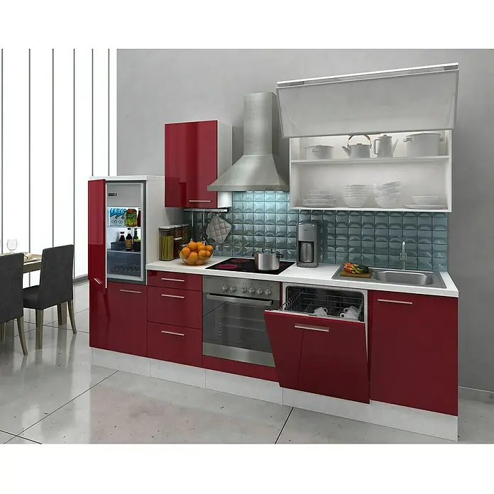 Respekta Küchenzeile Premium RP280WBOC - L x B x H: 280 x 60 x 200 cm, Weiß, Bordeaux Hochglanz