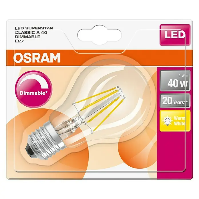 Osram LED žarulja Retrofit Classic A - 4,5 W, E27, A60, Topla bijela, Može se prigušiti, Prozirno
