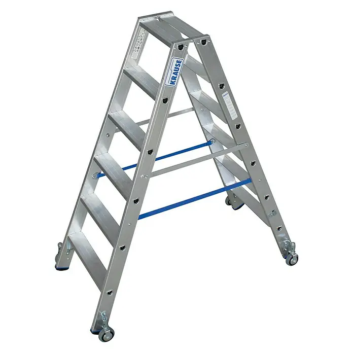 Krause Stabilo Stufen-Doppelleiter Fahrbar - Arbeitshöhe: 2,95 m, Anzahl Tritte: 2 x 6 Stufen, Tiefe Stufen: 80 mm, Material: Aluminium, Fahrbar - Linke Seitenansicht