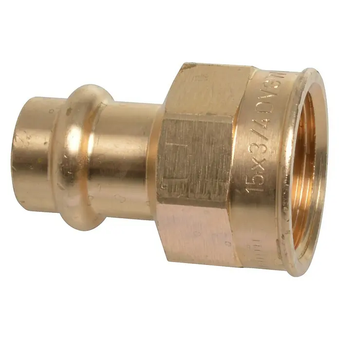 Press-Übergangsmuffe - Durchmesser: 15 mm, Innengewinde: ¾″, Presskontur: V - Vorderansicht