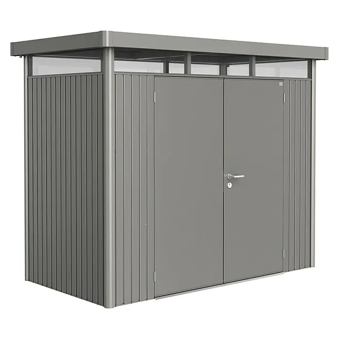 Biohort Gerätehaus HighLine H1 DT - Außenbreite inkl. Dachüberstand: 275 cm, Außentiefe inkl. Dachüberstand: 155 cm, Stahl, Quarzgrau Metallic, Doppeltür - Vorderansicht