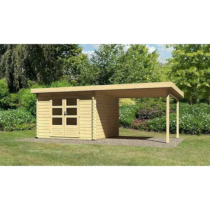 Karibu Blockbohlenhaus Bastrup 5 - 333 x 614 cm, Wandstärke: 28 mm, Pultdach, Ausführung: Mit Anbau - Vorderansicht