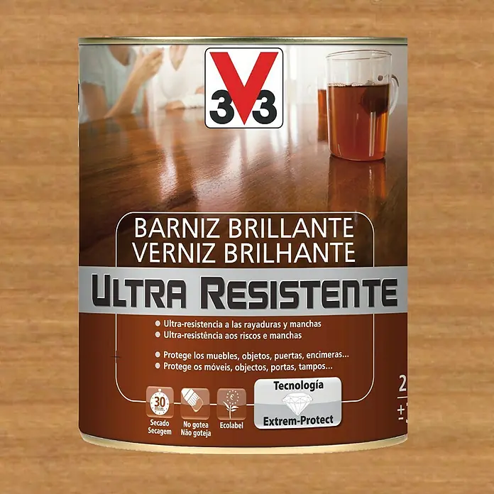V33 Barniz para madera Brillante Ultra Resistente - Roble oscuro, Brillante, 750 ml