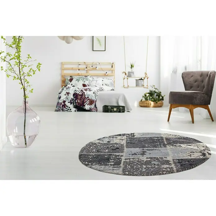 Kayoom Teppich Matrix Rund - Schwarz, Grau, Durchmesser: 120 cm, 100% Baumwolle - Stimmungsaufnahme