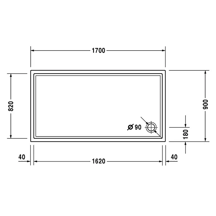 Duravit Duschwanne Starck Slimline - L x B: 170 x 90 cm, Kunststoff, Weiß, Ohne Antirutsch-Oberfläche - Skizze