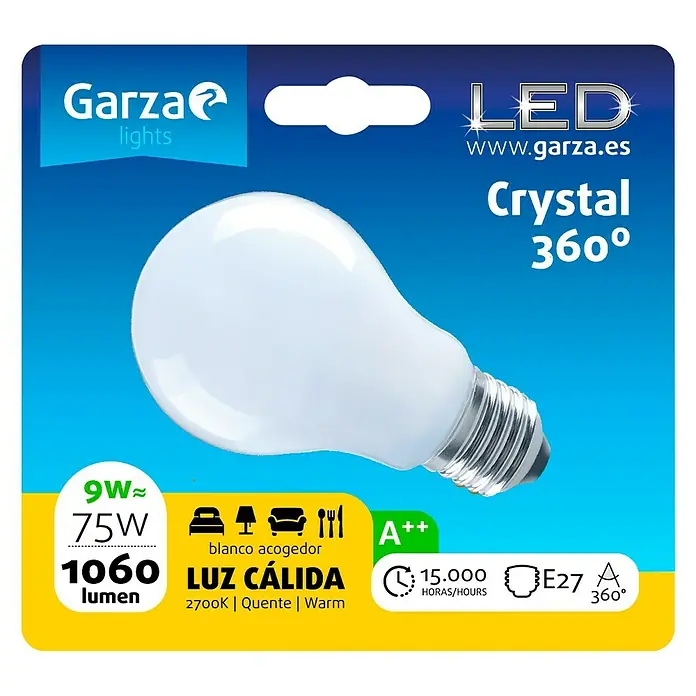 Garza Bombilla LED Crystal - 9 W, E27, Color de luz: Blanco cálido, No regulable, Redonda
