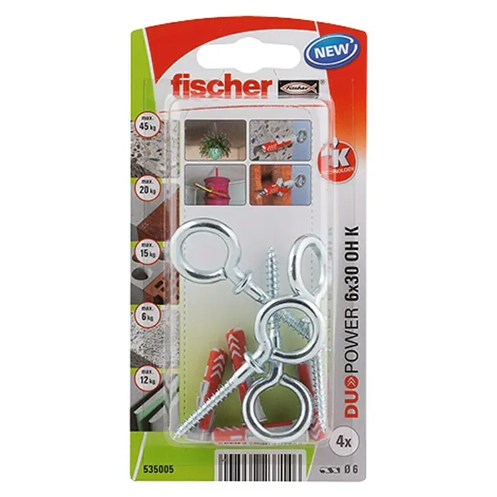 Fischer Duopower Set de tacos con gancho de ojo - Diámetro taco: 6 mm, Longitud taco: 30 mm, 4 uds.