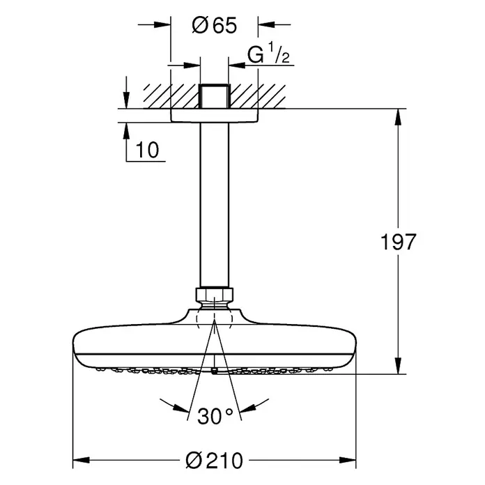Grohe Tempesta Kopfbrausen-Set - Durchmesser: 21 cm, 20 l/min bei 3 bar, Deckenmontage, Chrom - Vorderansicht
