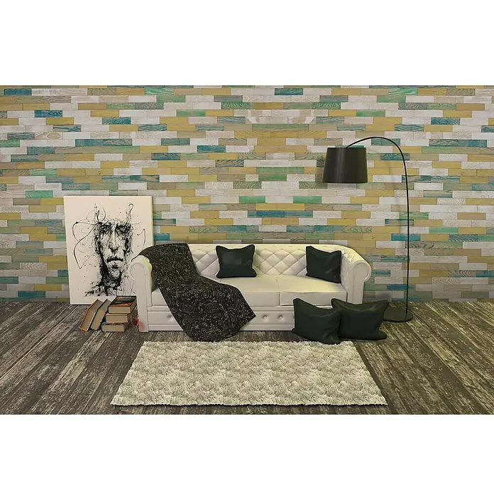 Wodewa Echtholzriemchen Vintage Bunt - L x B: 200 x 50 mm, Stärke: 2 mm - 6 mm, Inhalt: 1 m² - Stimmungsaufnahme