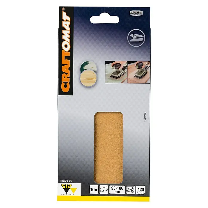 Craftomat Listovi za brusilicu - D x Š: 186 x 93 mm, Granulacija: 120, 10 Kom., Pričvršćivanje čičkom - Pogled sprijeda