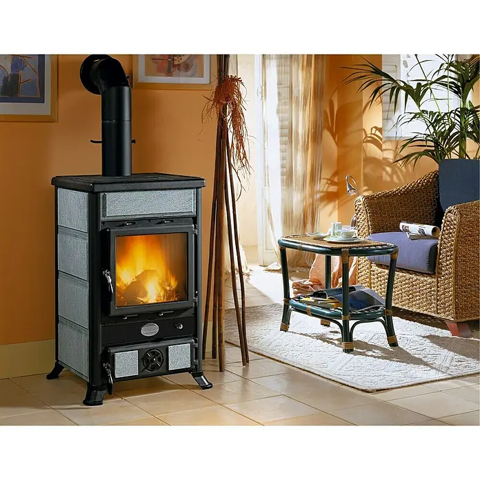 La Nordica Kaminofen Rosella R1 - 8,8 kW, Raumheizvermögen: 252 m³, Verkleidung: Naturstein, Schwarz/Serpentino
