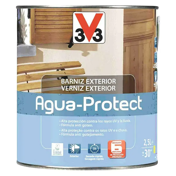 V33 Barniz Exterior Agua Protect - Brillante, 2,5 l, Incoloro