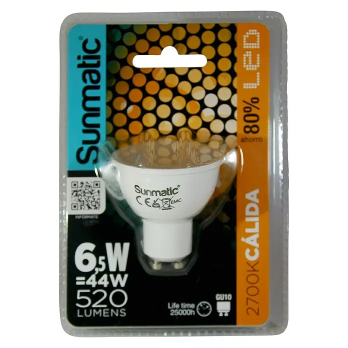 Sunmatic Bombilla reflectora LED - 6,5 W, GU10, 120 °, Blanco cálido