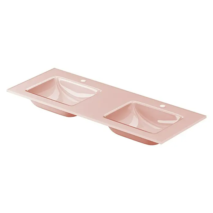 Lavabo doble Cristal - 121 x 46 cm, Orificios para grifo: Medio, Rosa, Vidrio