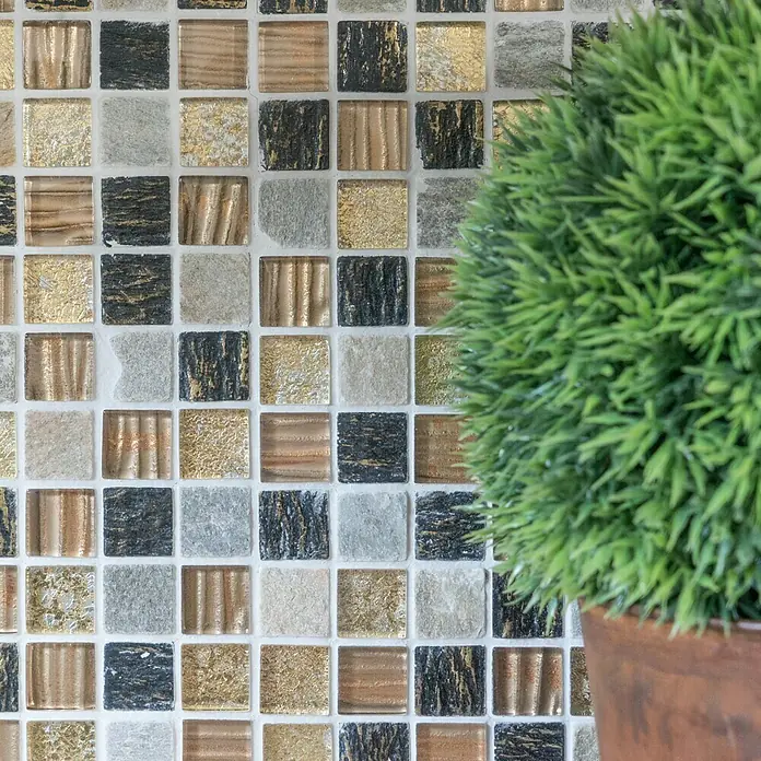 Mosaikfliese Quadrat Crystal Mix XCM CR17 - 30 x 30 cm, Braun/Grau/Gold, Matt - Detailaufnahme