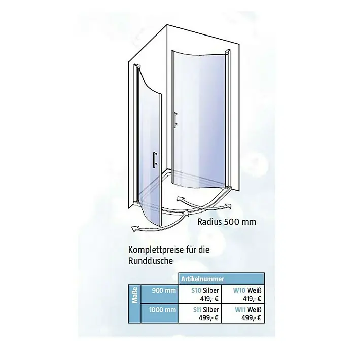 Camargue Vario Runddusche S10 - 90 x 90 x 195 cm, Beschichtet, Stärke: 6 mm, Silber - Vorderansicht