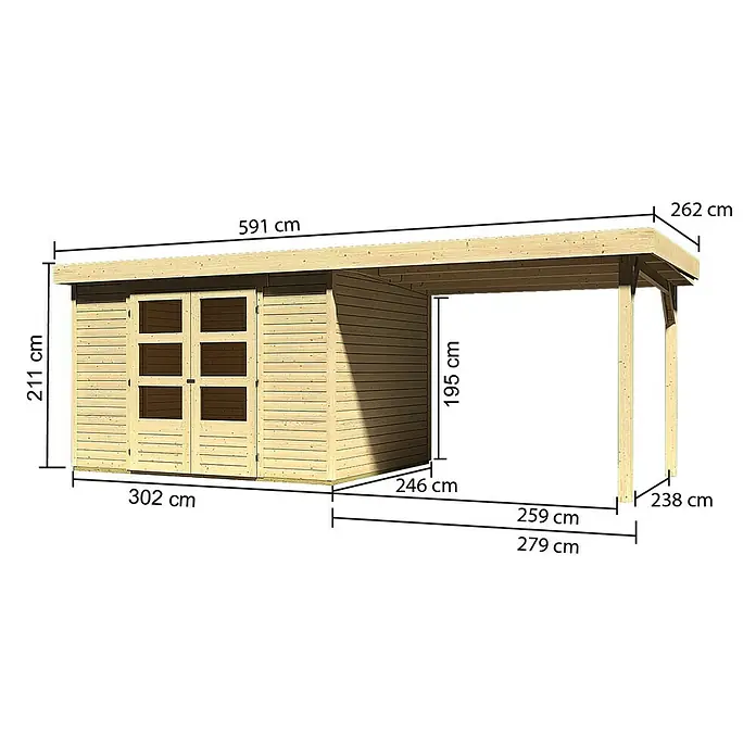 Karibu Gartenhaus Askola - L x B: 246 x 557 cm, Wandstärke: 19 mm, Flachdach, Natur, Mit Anbau - Linke Seitenansicht