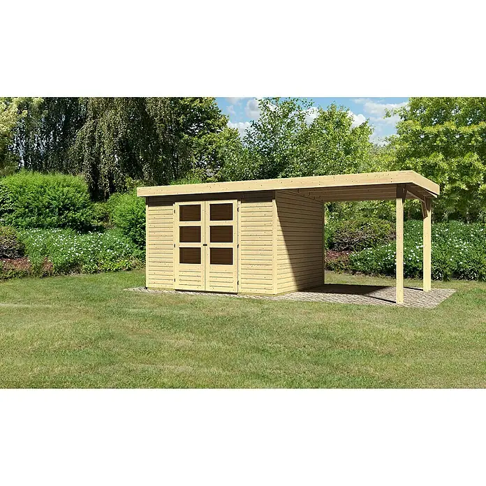Karibu Gartenhaus Askola - L x B: 246 x 522 cm, Wandstärke: 19 mm, Flachdach, Natur, Mit Anbau - Stimmungsaufnahme