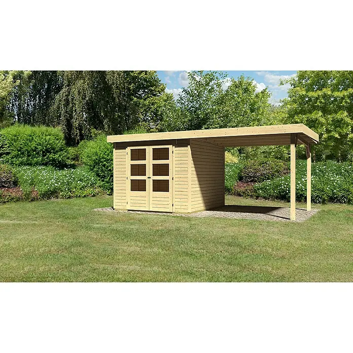 Karibu Gartenhaus Askola - L x B: 242 x 497 cm, Wandstärke: 19 mm, Flachdach, Natur, Mit Anbau - Stimmungsaufnahme