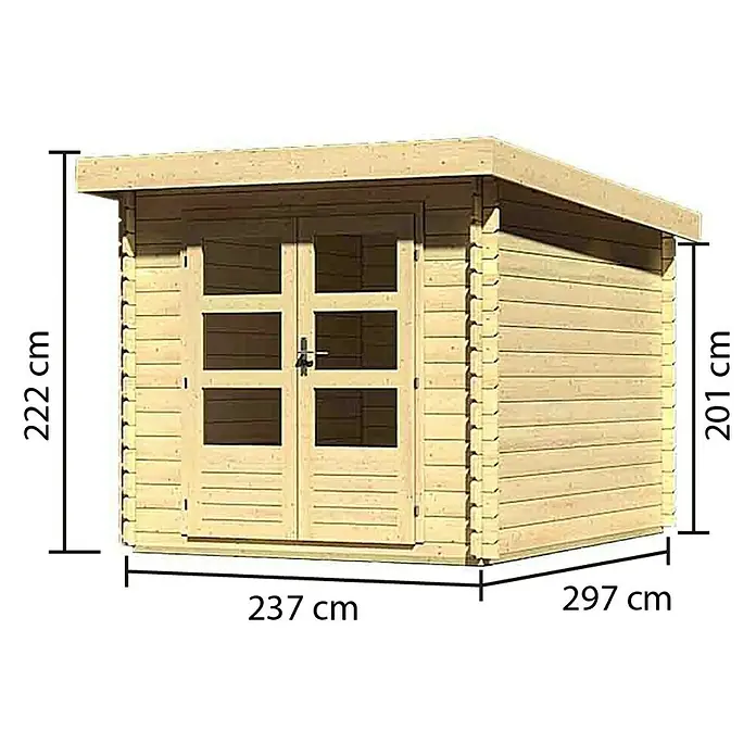 Karibu Blockbohlenhaus Bastrup 4 - 333 x 255 cm, Wandstärke: 28 mm, Pultdach - Rechte Seitenansicht