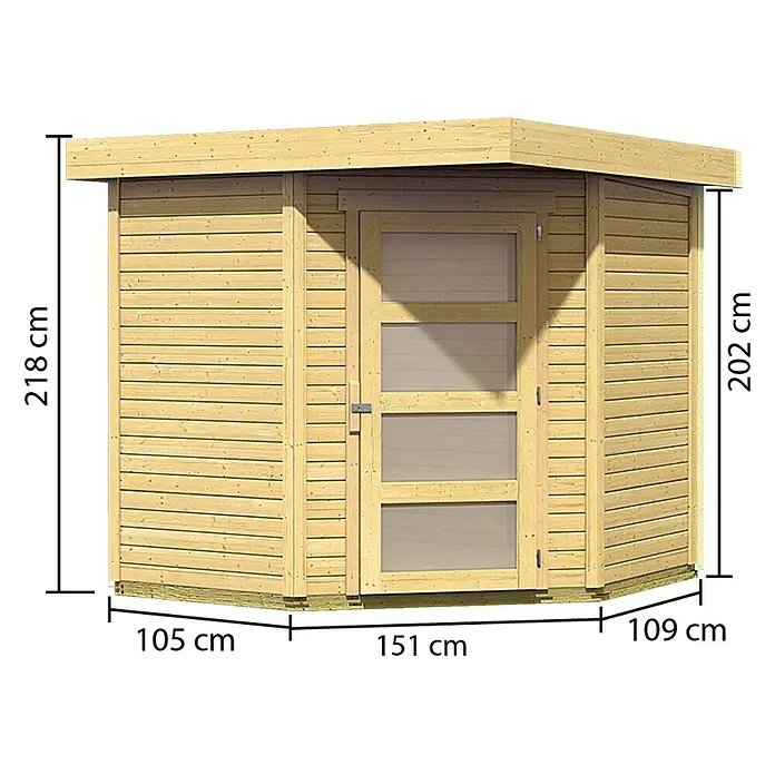 Karibu Gartenhaus Schwandorf 3 - 242 x 238 cm, Wandstärke: 19 mm, Flachdach, Natur - Vorderansicht