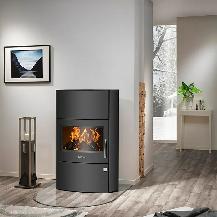 Justus Kaminofen Agero W+ - 7 kW, Raumheizvermögen: 144 m³, Verkleidung: Stahl, Schwarz