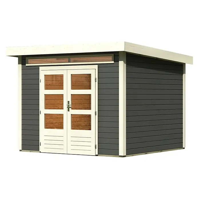 Karibu Gartenhaus Kandern 6 - 274 x 274 cm, Wandstärke: 28 mm, Flachdach, Terragrau - Linke Seitenansicht