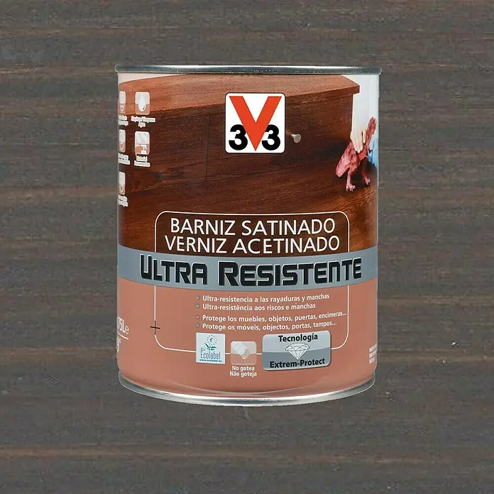 V33 Barniz para madera Satinado Ultra Resistente - Wengué, Satinado, 750 ml