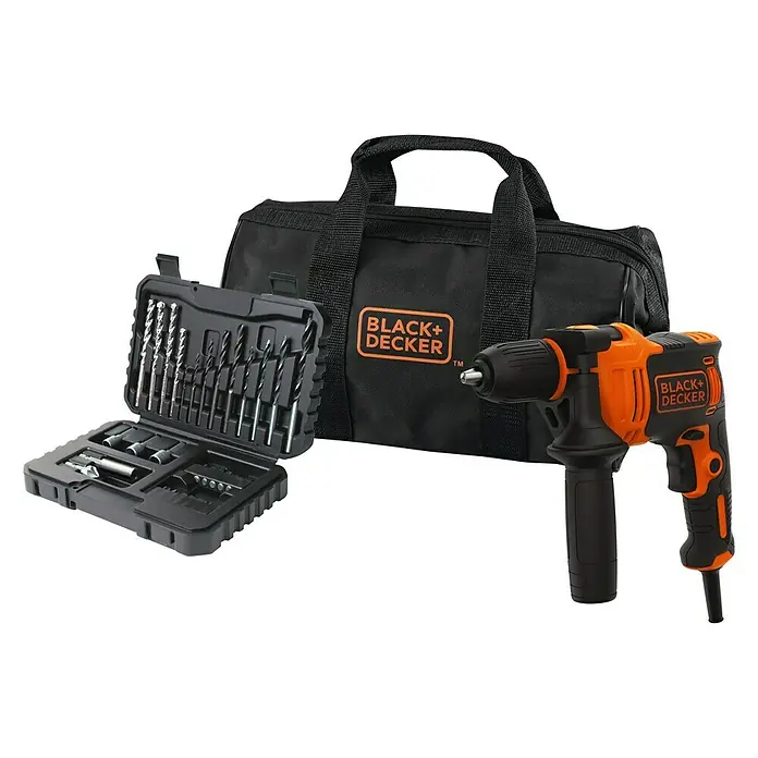 Black+Decker Taladro percutor BEH710 + kit de 32 accesorios - 710 W, 0 r.p.m. - 2.800 r.p.m.