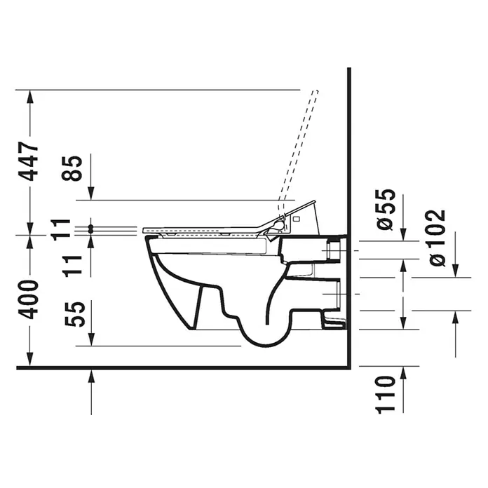 Duravit Happy D.2 Wand-WC Typ 2 - Spülrandlos, Ohne Spezialglasur, Spülform: Tief, WC Abgang: Waagerecht, Weiß - Skizze