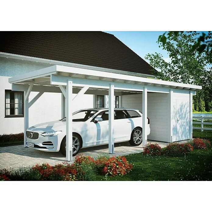 Gerätehaus - Weiß, 1,74 x 2,99 m, Passend für: Wolff Finnhaus Carport KH 320 - Stimmungsaufnahme