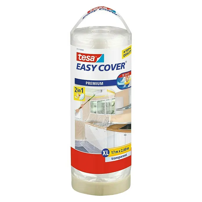 Tesa Easy Cover Premium Plástico protector - Rodillo de repuesto, 2,6 x 17 m, XL, Borde de cinta de carrocero por un lado - Vista frontal