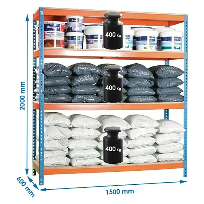 Simonrack Ecoforte Estantería para cargas pesadas Chipboard - L x An x Al: 60 x 180 x 200 cm, Capacidad de carga: 400 kg/balda, Número de baldas: 4 ud., Azul/Naranja