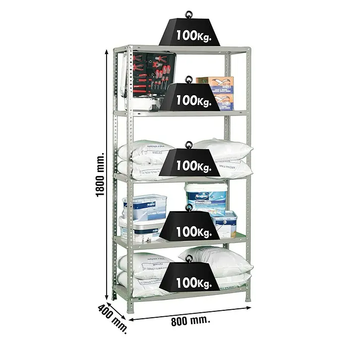 Simonrack Comfort Estantería metálica Mini - L x An x Al: 40 x 80 x 180 cm, Capacidad de carga: 100 kg/balda, Número de baldas: 5 ud., Atornillado, Gris