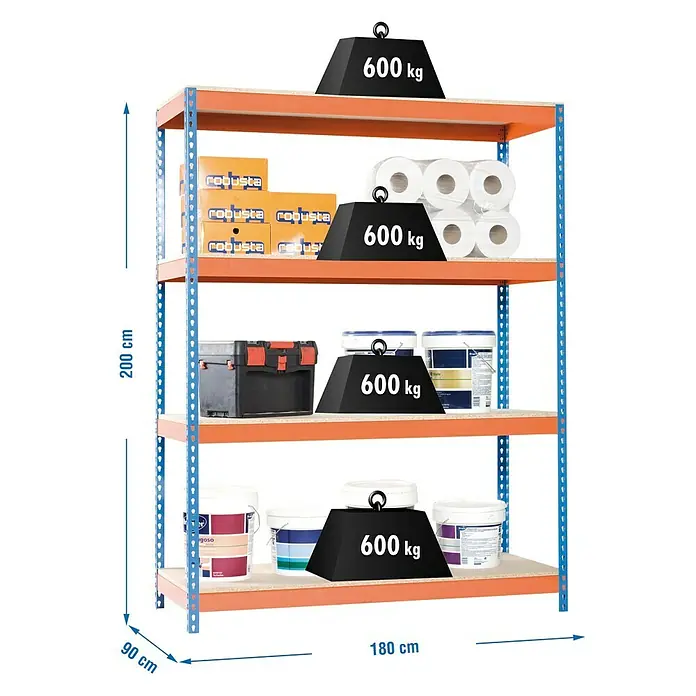 Simonrack Simonforte Estantería para cargas pesadas Chipboard - L x An x Al: 90 x 180 x 200 cm, Capacidad de carga: 600 kg/balda, Número de baldas: 4 ud., Azul/Naranja