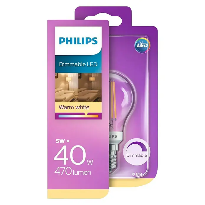 Philips Bombilla LED - 5 W, E14, Color de luz: Blanco cálido, Intensidad regulable, Redonda
