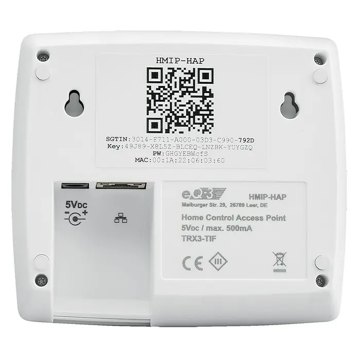 Homematic IP Steuerzentrale Access Point - Weiß, 11,8 x 10,4 x 2,6 cm, Funkfrequenz: 868 - 868,6 MHz/869,4 - 868,65 MHz - Rückansicht