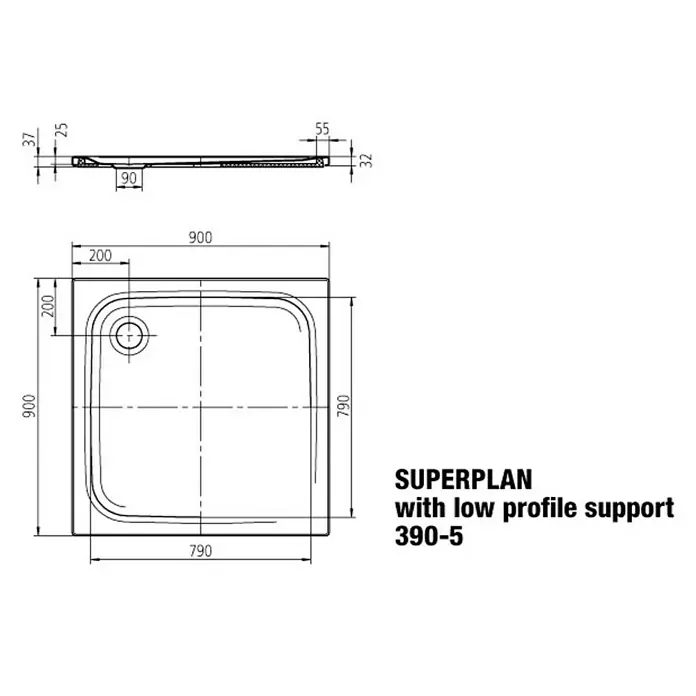 Kaldewei Duschwanne Superplan 390-5 - L x B: 90 x 90 cm, Stahl, Weiß - Skizze