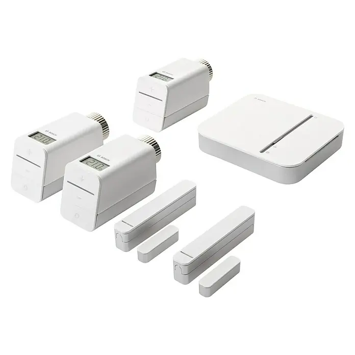 Bosch Smart Home Starter-Set Heizkomfort - 3 x Heizkörperthermostat, 2 x Fenster- und Türkontakt, 1 x Steuerungszentrale