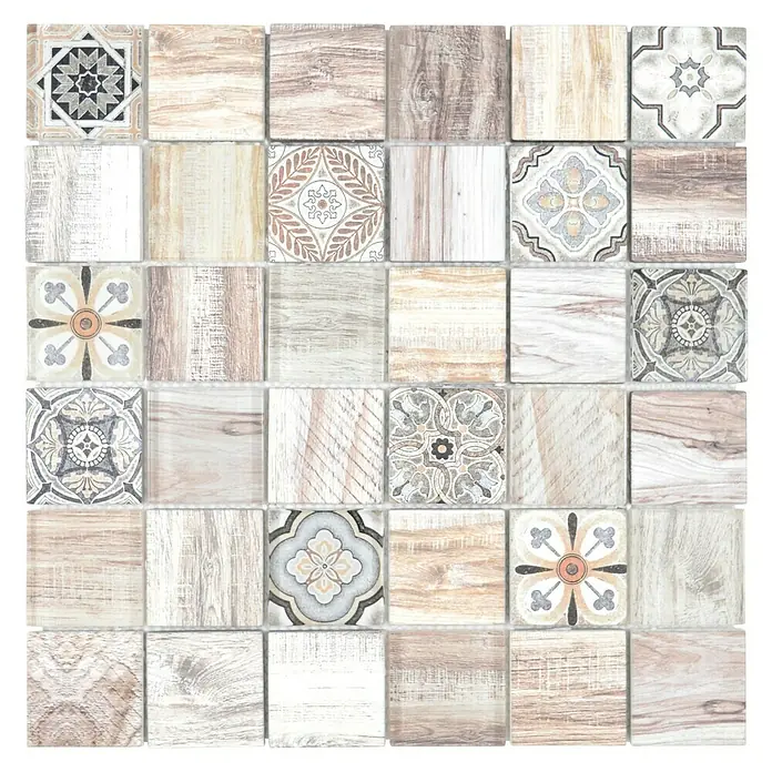 Mosaikfliese Quadrat Crystal XCM WOOD 100 - 30 x 30 cm, Beige, Glänzend - Vorderansicht