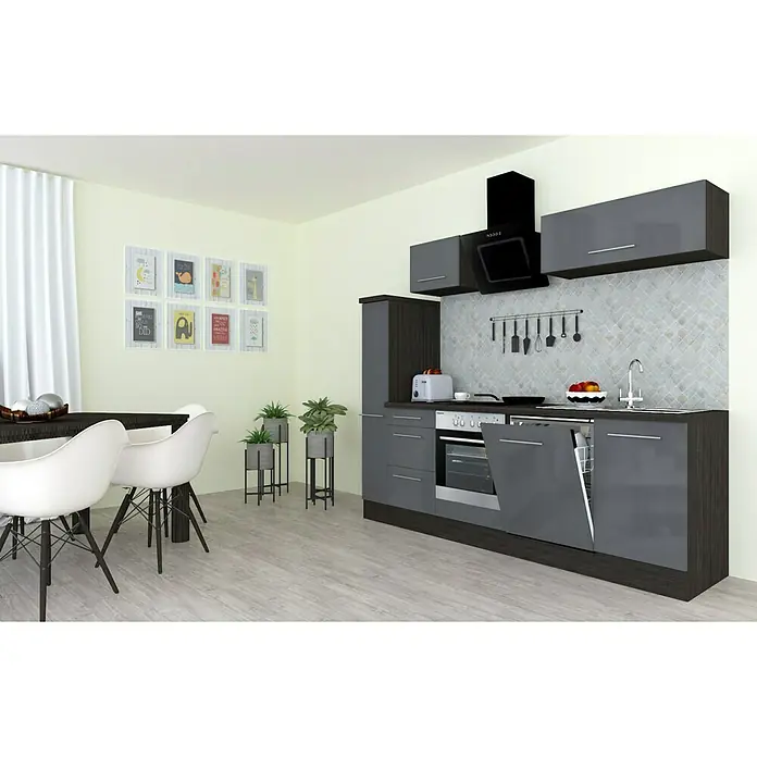 Respekta Premium Küchenzeile RP250EGCBO - Breite: 250 cm, Mit Elektrogeräten, Grau Hochglanz - Stimmungsaufnahme