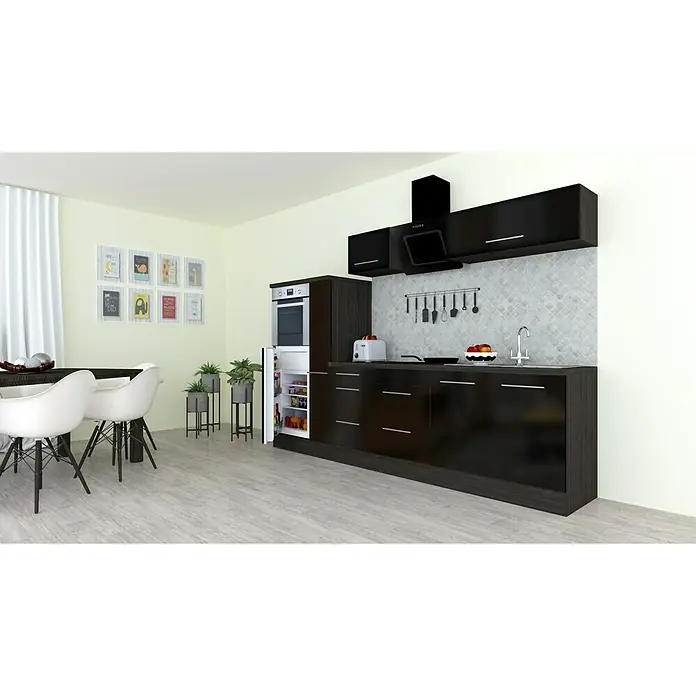 Respekta Premium Küchenzeile RP300HESBO - Breite: 300 cm, Mit Elektrogeräten, Schwarz Hochglanz - Stimmungsaufnahme