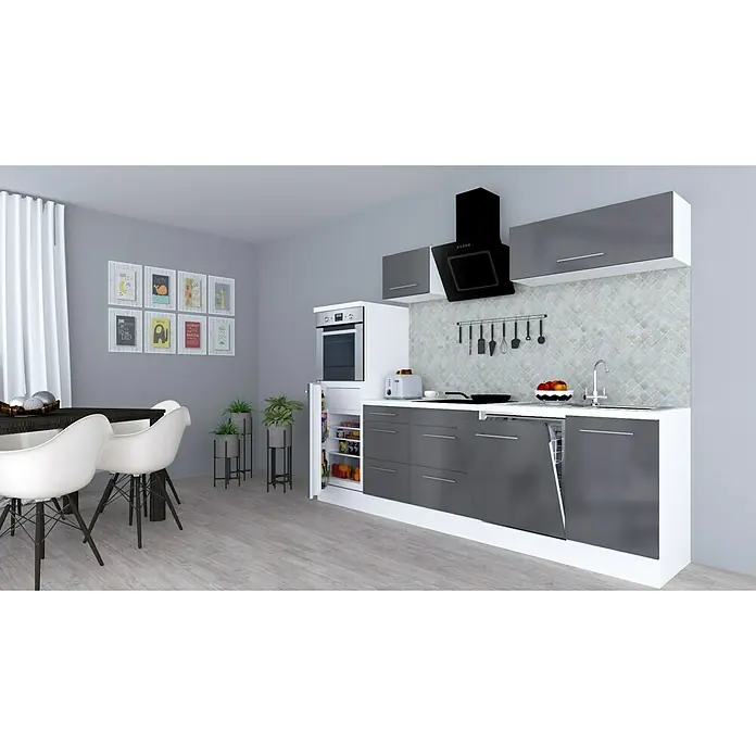 Respekta Premium Küchenzeile RP280HWGBO - Breite: 280 cm, Mit Elektrogeräten, Grau Hochglanz - Stimmungsaufnahme