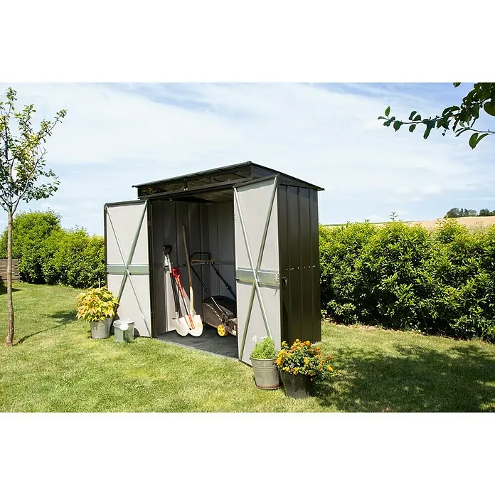 Spacemaker Gerätehaus Onyx - Außenbreite inkl. Dachüberstand: 208 cm, Außentiefe inkl. Dachüberstand: 130 cm, Stahl, Onyxschwarz - Stimmungsaufnahme